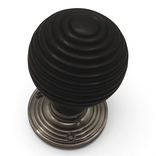 PDF1016R2/SNP  Ebonised / Satin Nickel  Period Timber Round Beehive Mortice / Rim Knob Set With Ringed Roses